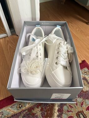 David's Bridal White Low-Top Sneakers with Pearl Accents
